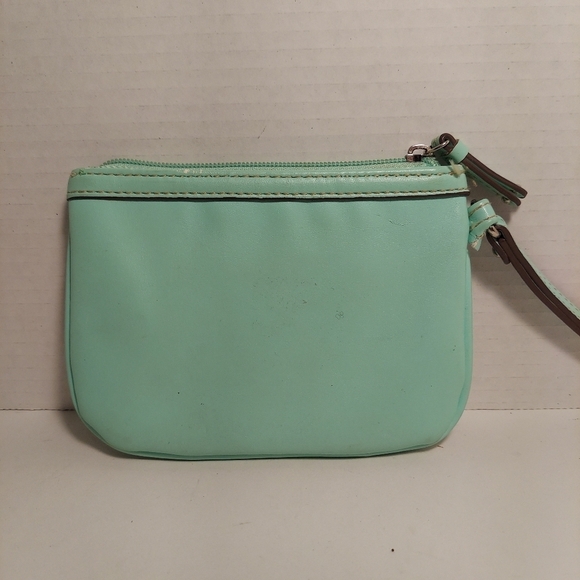 NINE WEST Turquoise Perforated Faux Patent Logo Zip Wallet Wristlet Pre-Owned - Picture 2 of 11